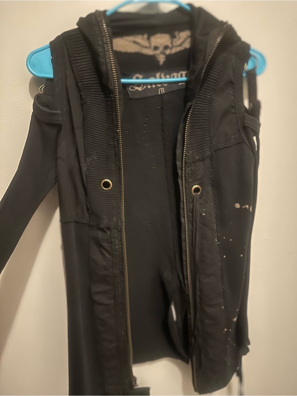 Salvage Black Hooded Zip Vest with Paint-Splatter Accent